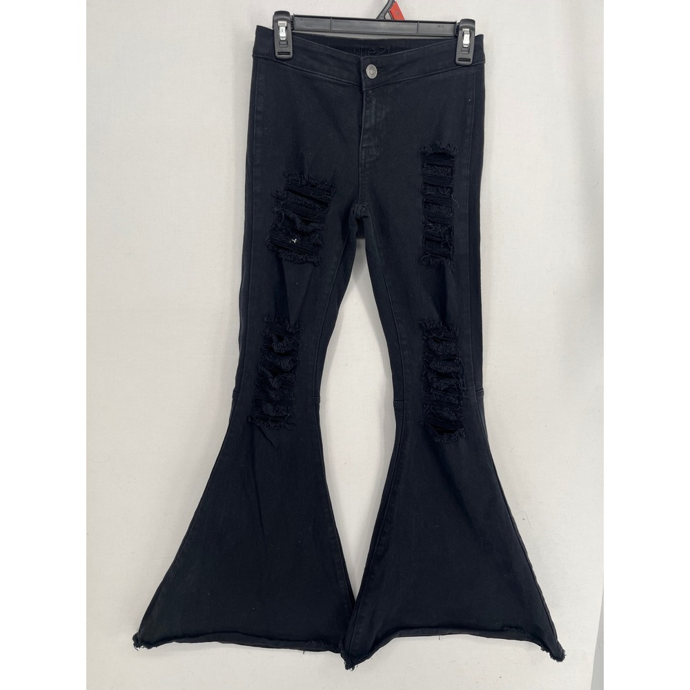 Rue21 Womens High Rise Flare Jeans Black Distressed Ripped Raw Hem Size 3